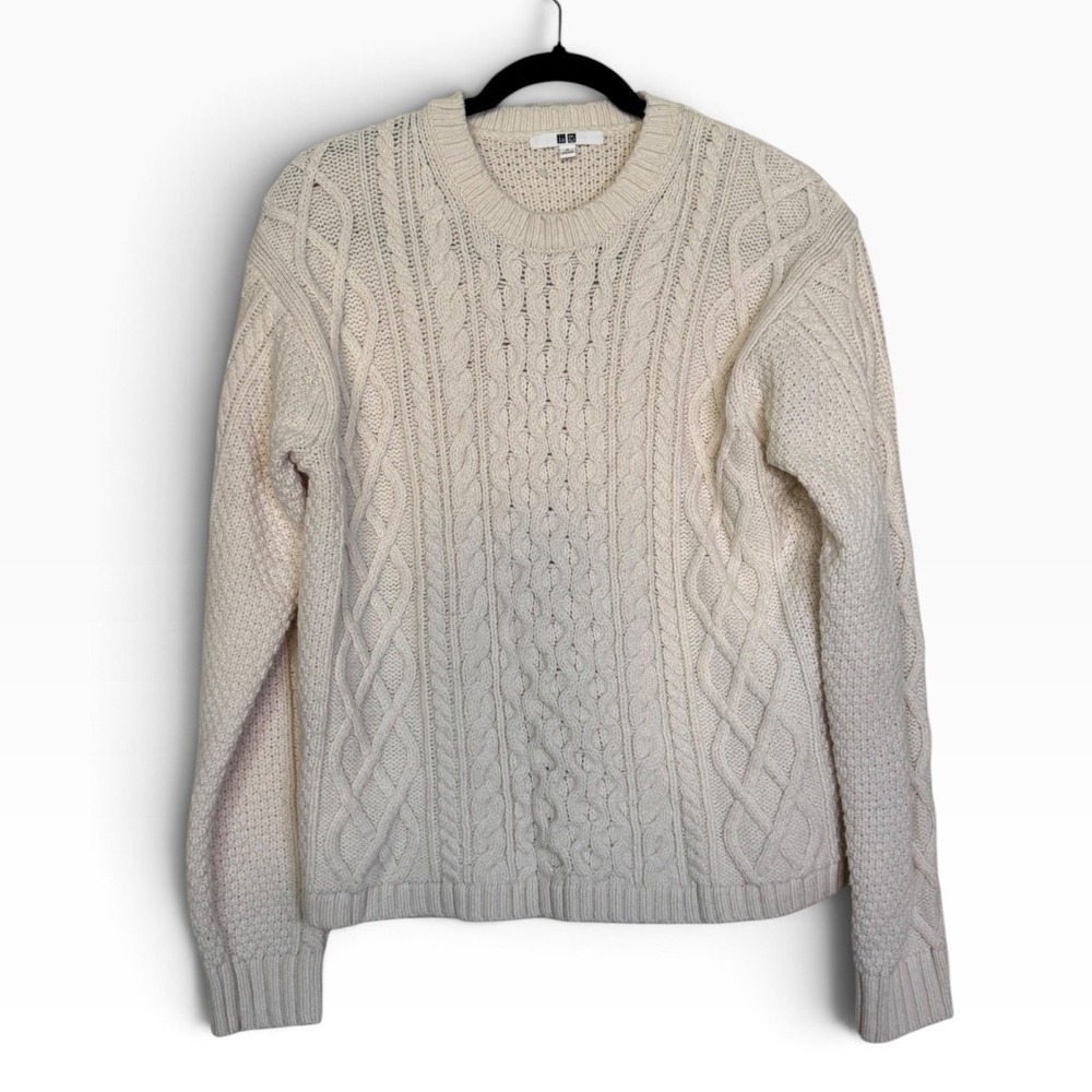 Uniqlo Cable Knit Sweater Cream Off White Wool Blend Crew Neck Pullover Medium